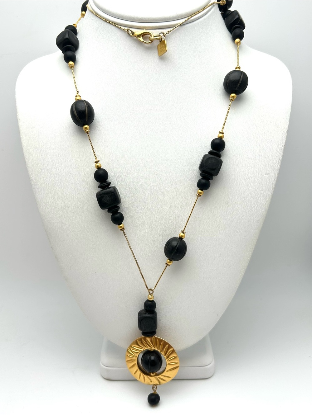 Anne Klein Vintage Black and Gold Beaded Pendant Necklace